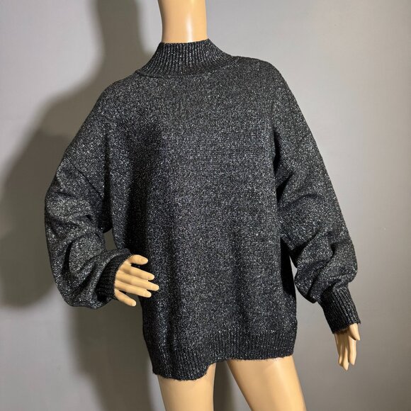 Charcoal Shimmery Metallic Oversized Mock Neck Sweater - Picture 1 of 5